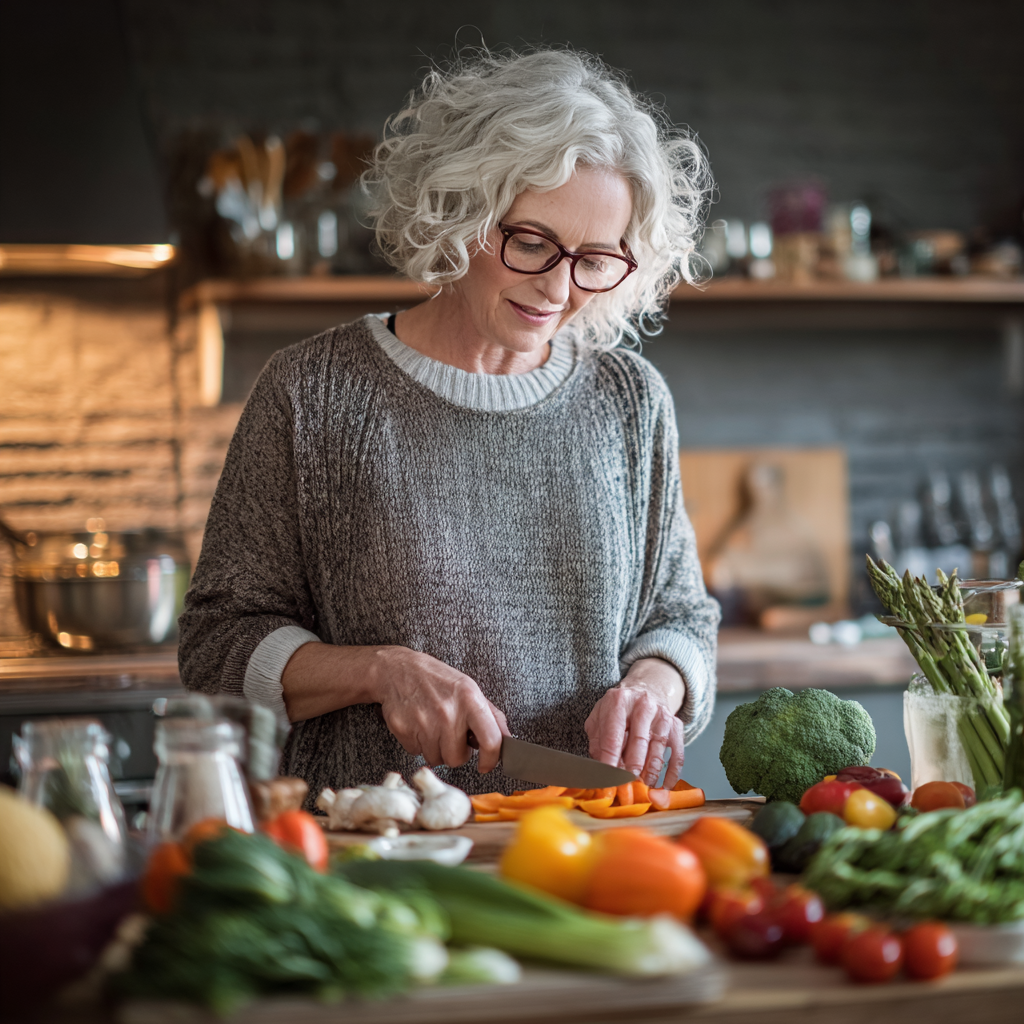Middle-aged woman preparing healthy balanced meal in modern kitchen