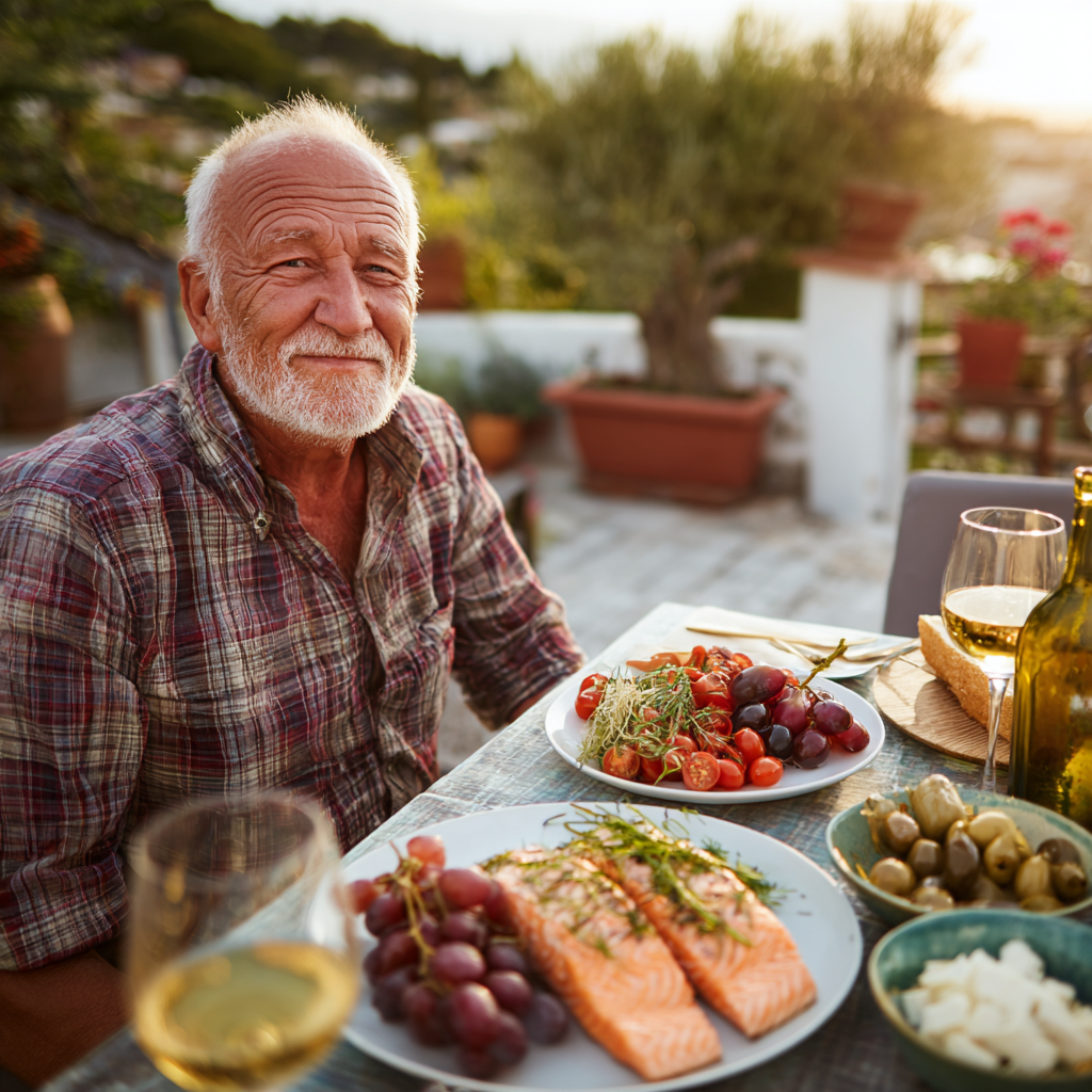 Senior man enjoying colorful Mediterranean diet meal at outdoor dining table